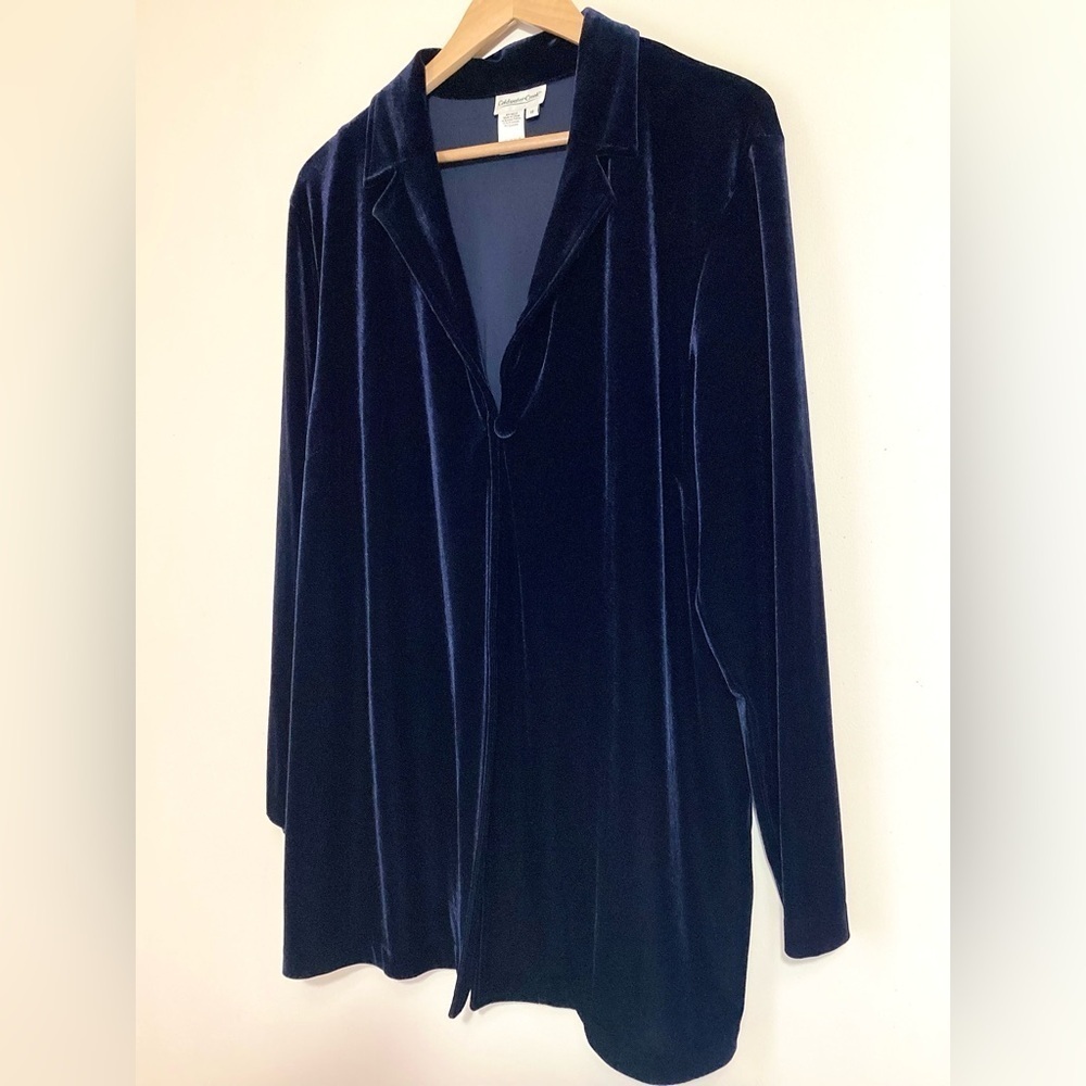 Coldwater Creek Vintage Velvet Tunic Cardigan 18 Navy Blue One Button Artsy 90s - Picture 2 of 14